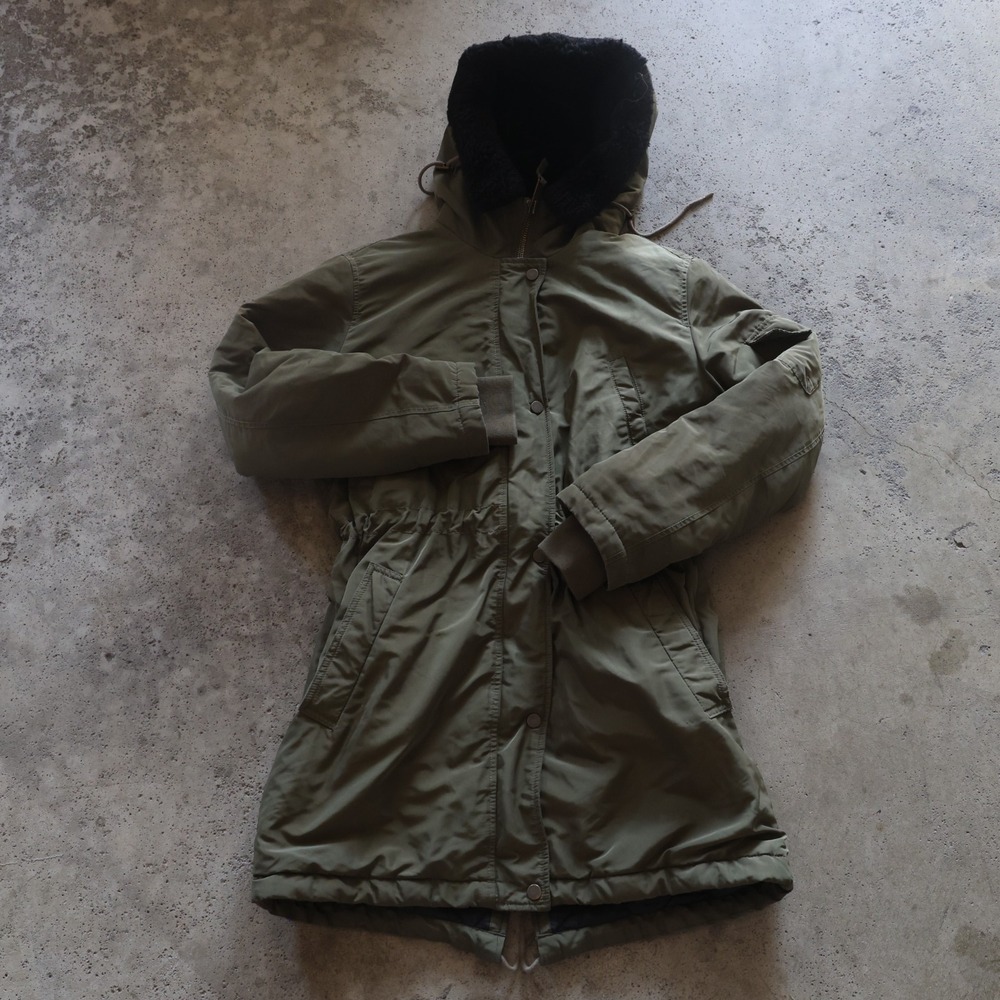 Gap Parka Jacket Women's Size S Olive Green Faux Fur Hood Zip Up